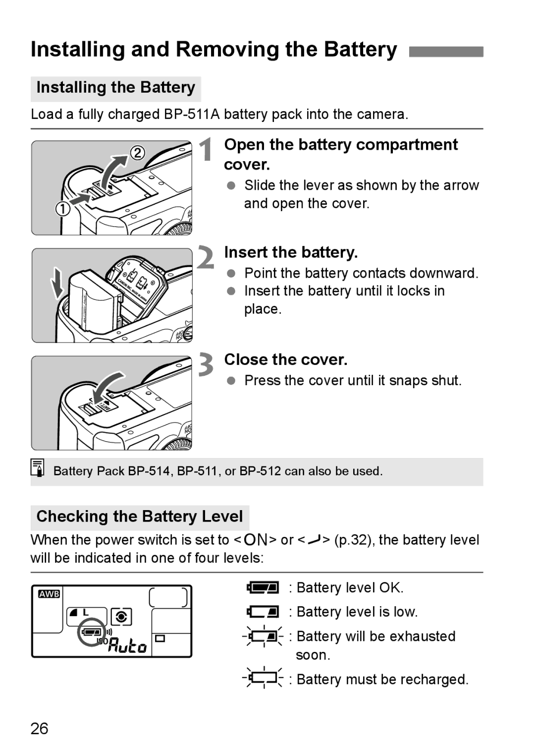 Canon EOS40D instruction manual Installing and Removing the Battery 