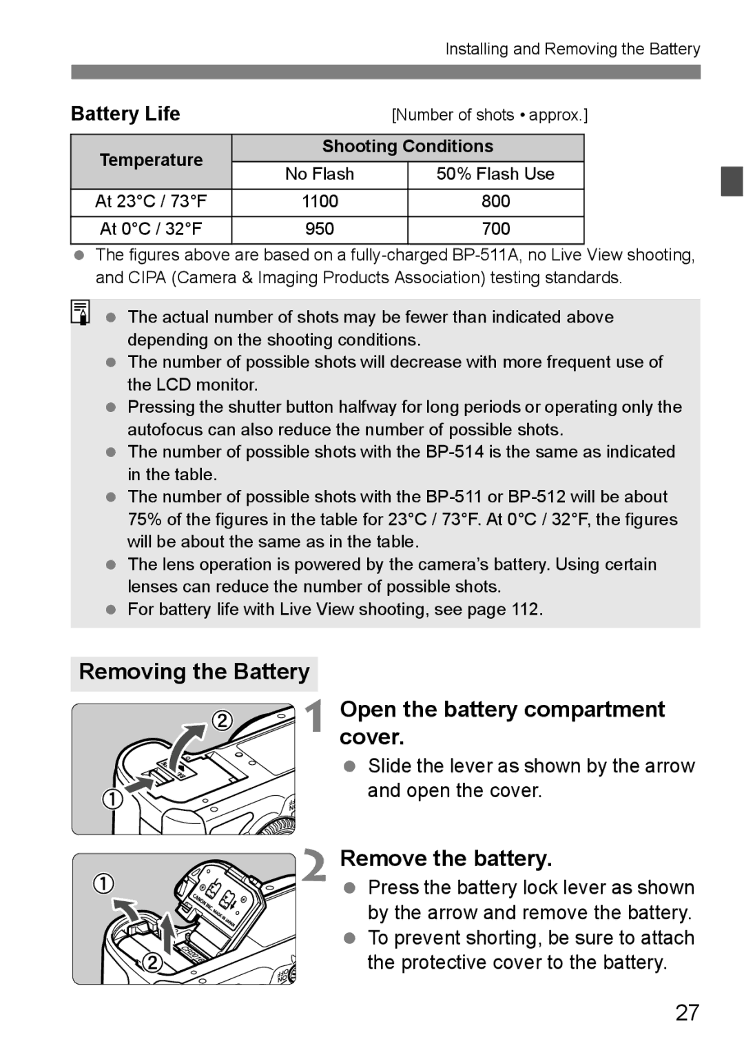 Canon EOS40D instruction manual Removing the Battery Open the battery compartment cover, Remove the battery, Battery Life 