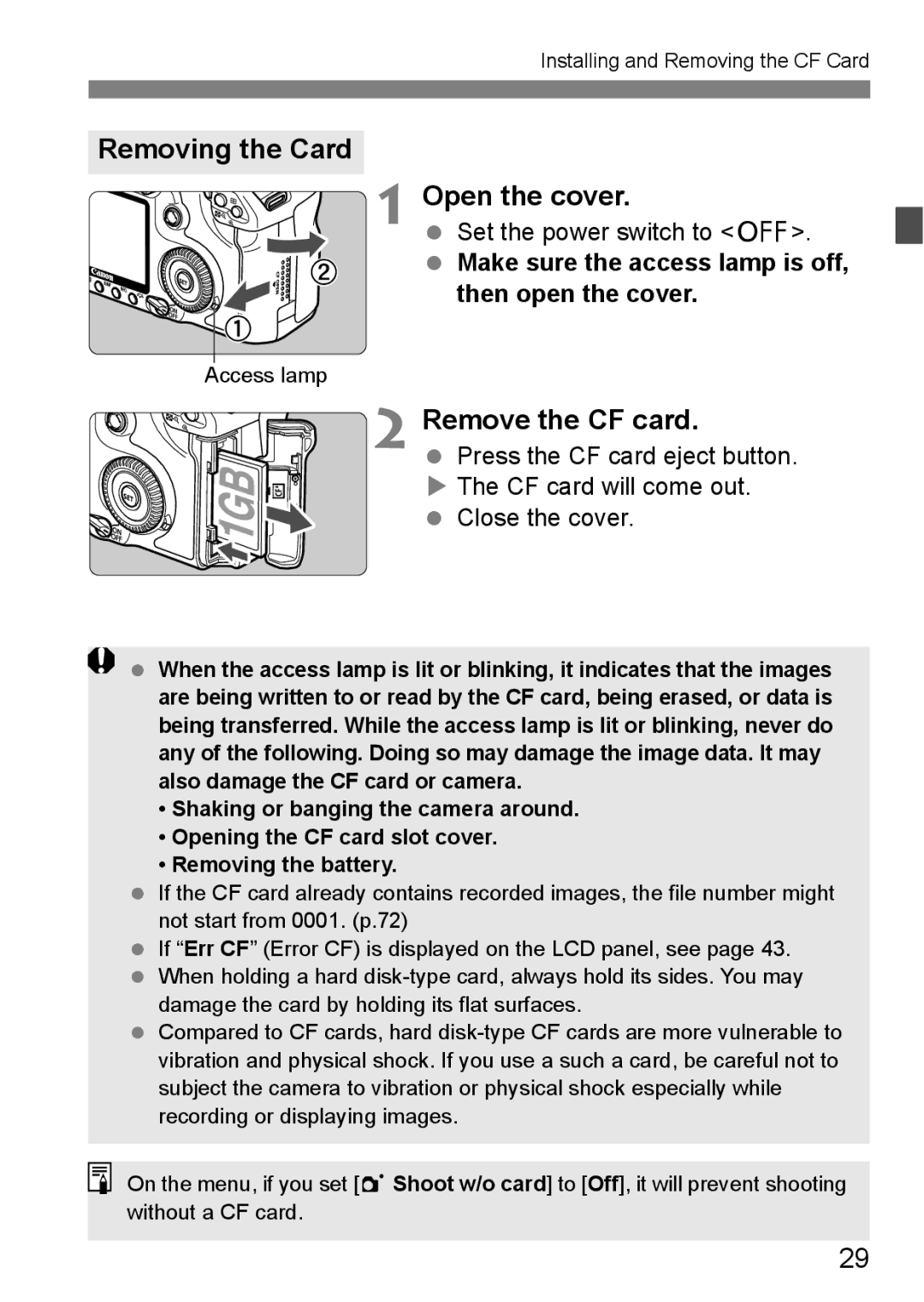 Canon EOS40D instruction manual Removing the Card Open the cover, Remove the CF card, Set the power switch to 