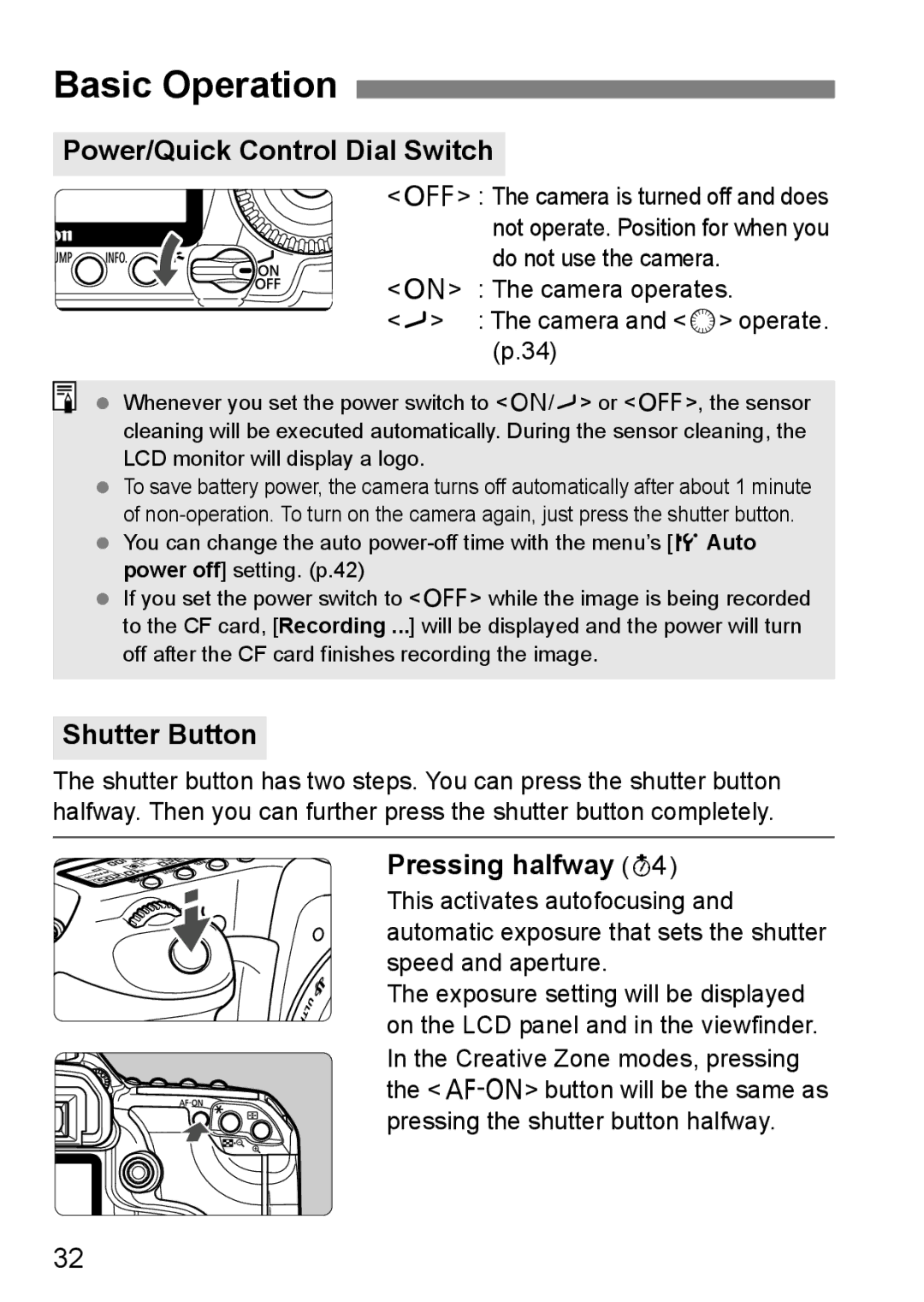 Canon EOS40D instruction manual Basic Operation, Power/Quick Control Dial Switch, Shutter Button, Pressing halfway 
