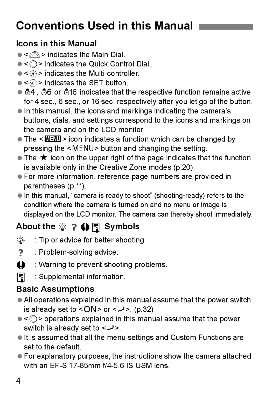 Canon EOS40D instruction manual Conventions Used in this Manual, Icons in this Manual, About the Symbols, Basic Assumptions 