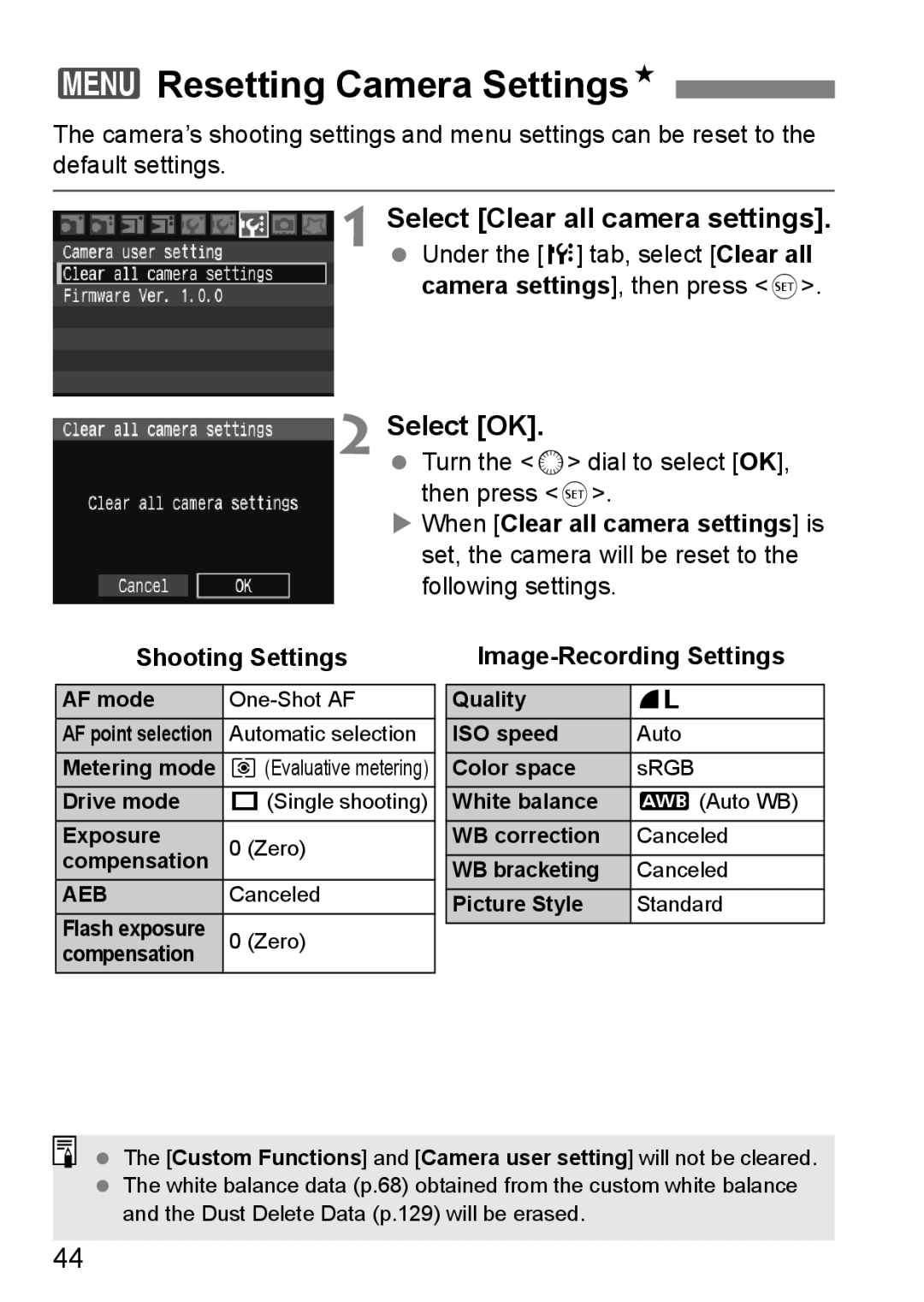 Canon EOS40D instruction manual 3Resetting Camera SettingsN, Select Clear all camera settings, Shooting Settings 