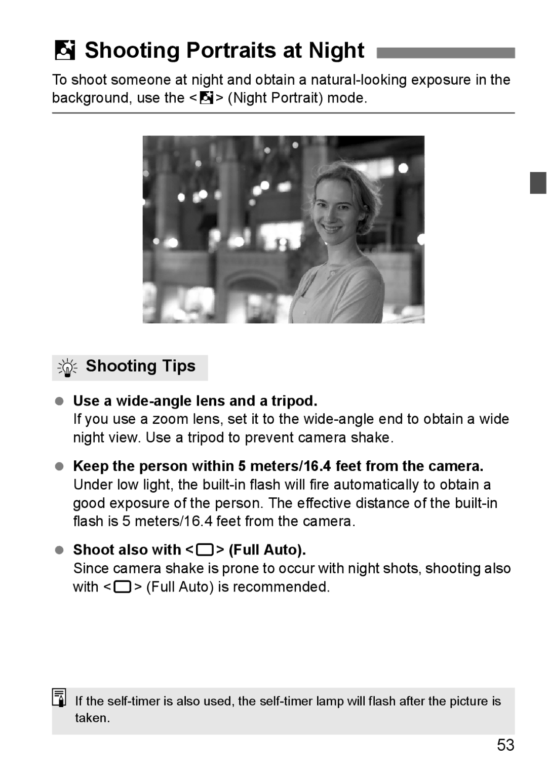 Canon EOS40D instruction manual 6Shooting Portraits at Night, Use a wide-angle lens and a tripod 
