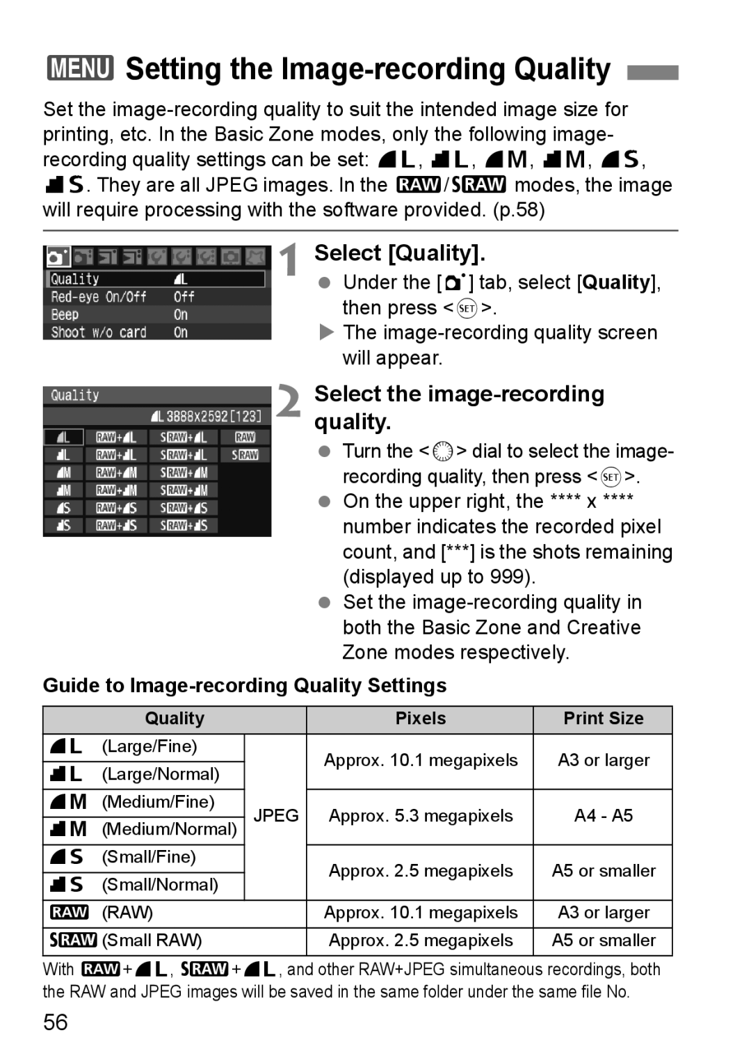 Canon EOS40D instruction manual 3Setting the Image-recording Quality, Select Quality, Select the image-recording quality 