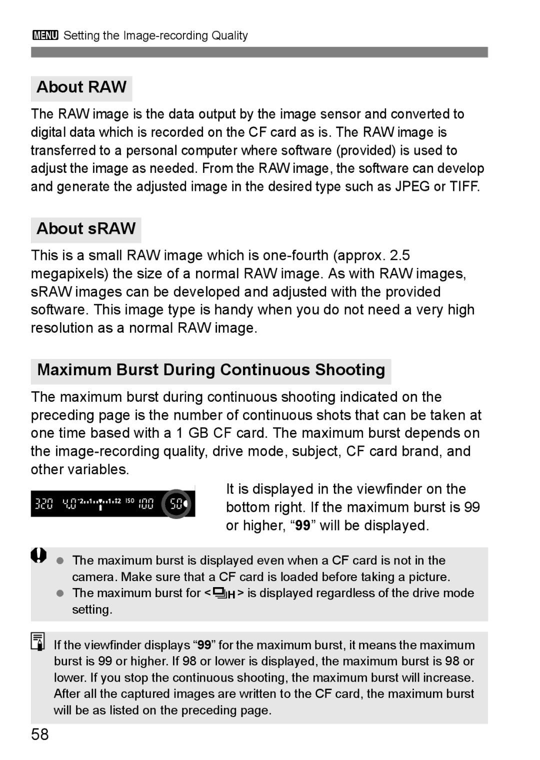 Canon EOS40D instruction manual About RAW, About sRAW, Maximum Burst During Continuous Shooting 