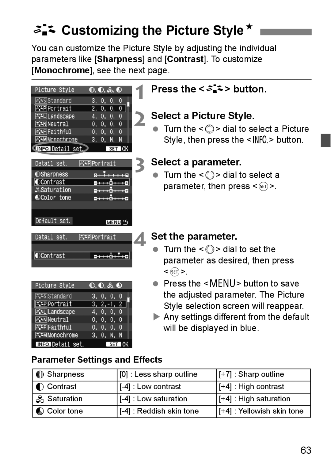 Canon EOS40D ACustomizing the Picture StyleN, Press the a button Select a Picture Style, Select a parameter 