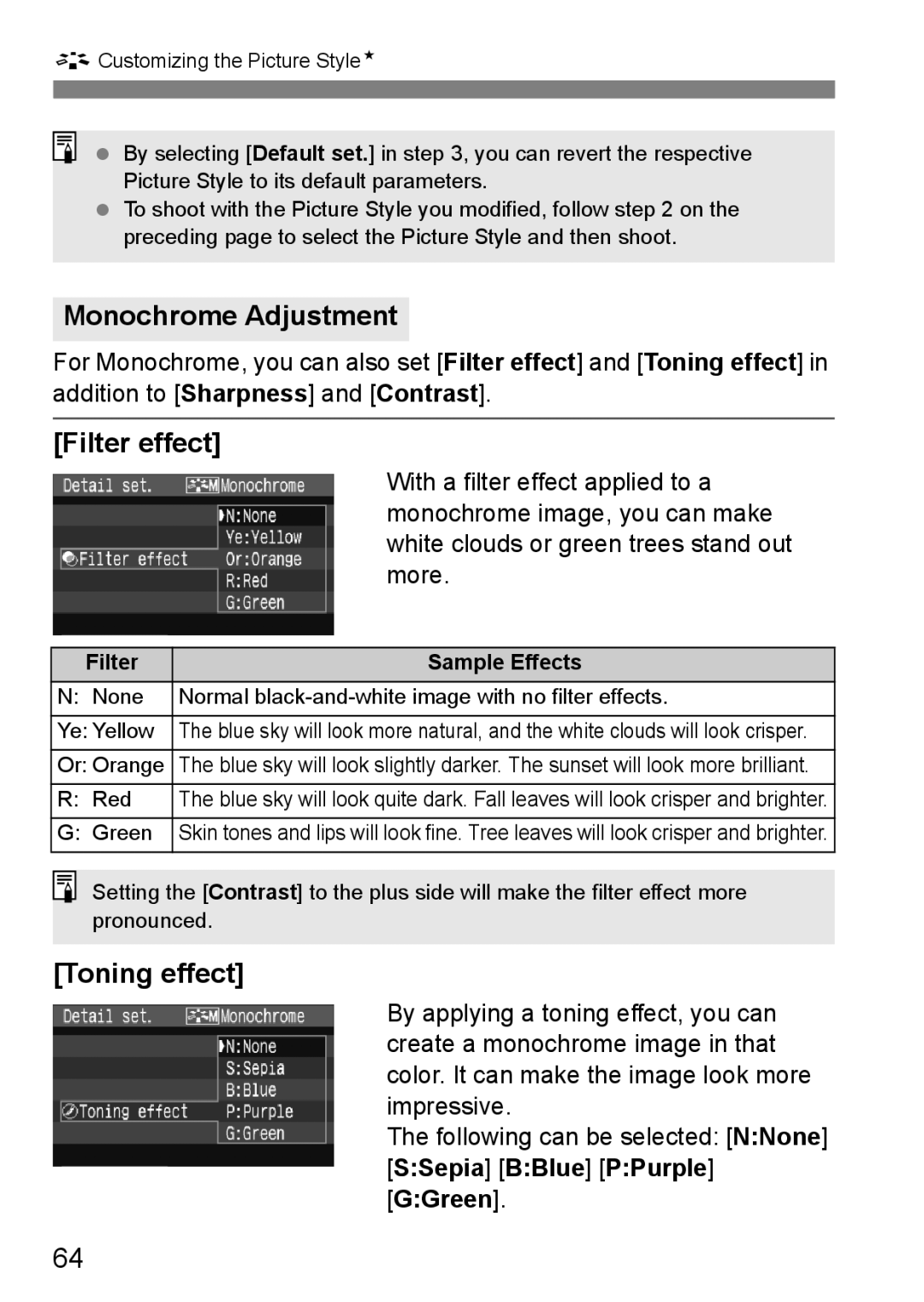 Canon EOS40D instruction manual Monochrome Adjustment, Filter effect, Toning effect 