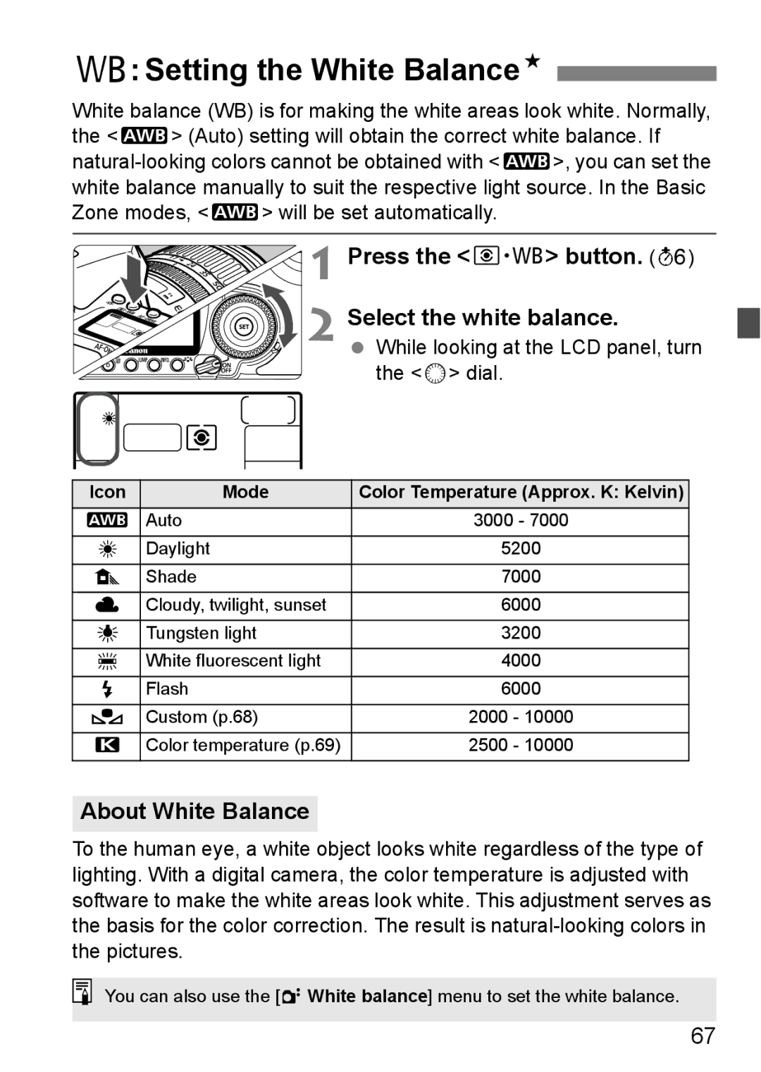 Canon EOS40D Setting the White BalanceN, Press the n button Select the white balance, About White Balance, Icon Mode 