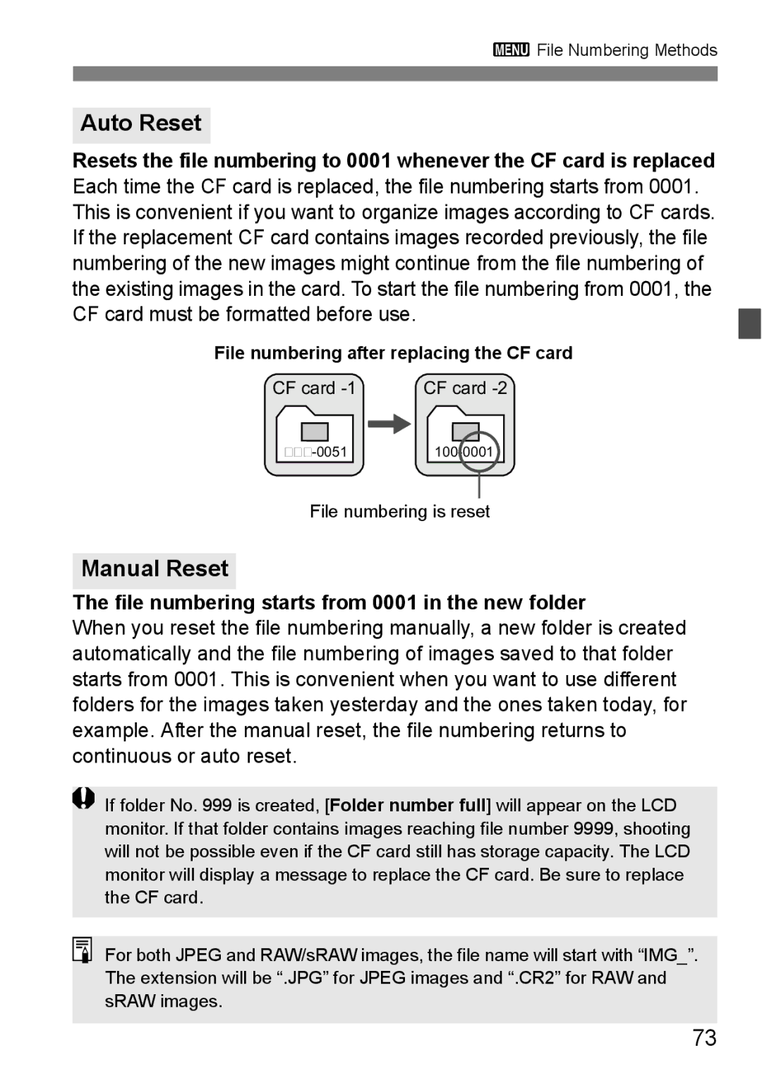 Canon EOS40D instruction manual Auto Reset, Manual Reset, File numbering starts from 0001 in the new folder 