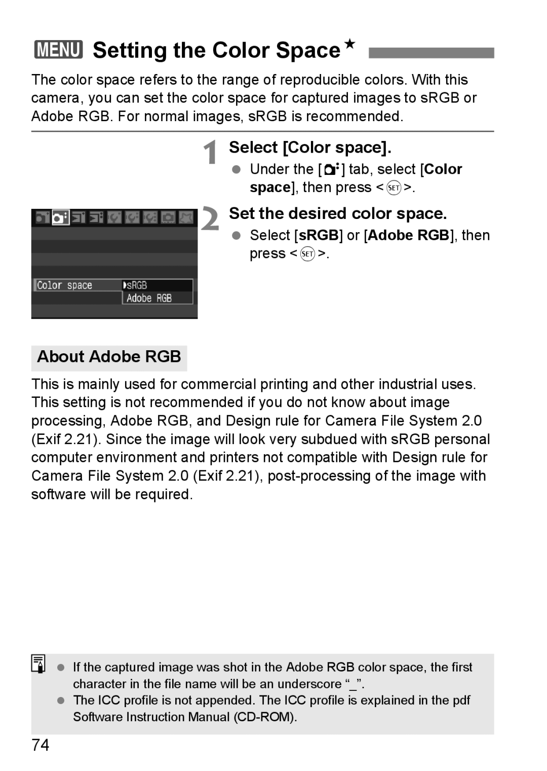 Canon EOS40D instruction manual 3Setting the Color SpaceN, Select Color space, About Adobe RGB 