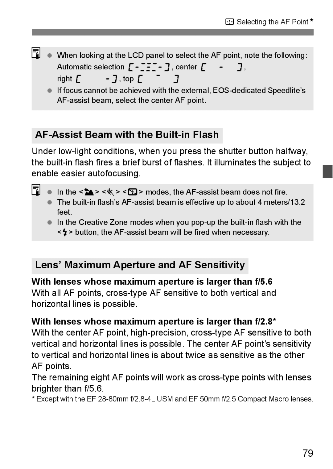 Canon EOS40D instruction manual AF-Assist Beam with the Built-in Flash, Lens’ Maximum Aperture and AF Sensitivity 