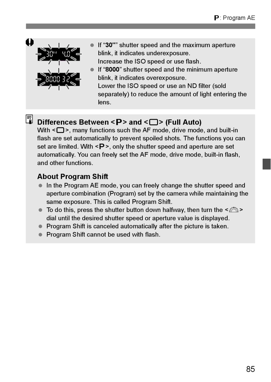 Canon EOS40D instruction manual Differences Between d and 1 Full Auto, About Program Shift 