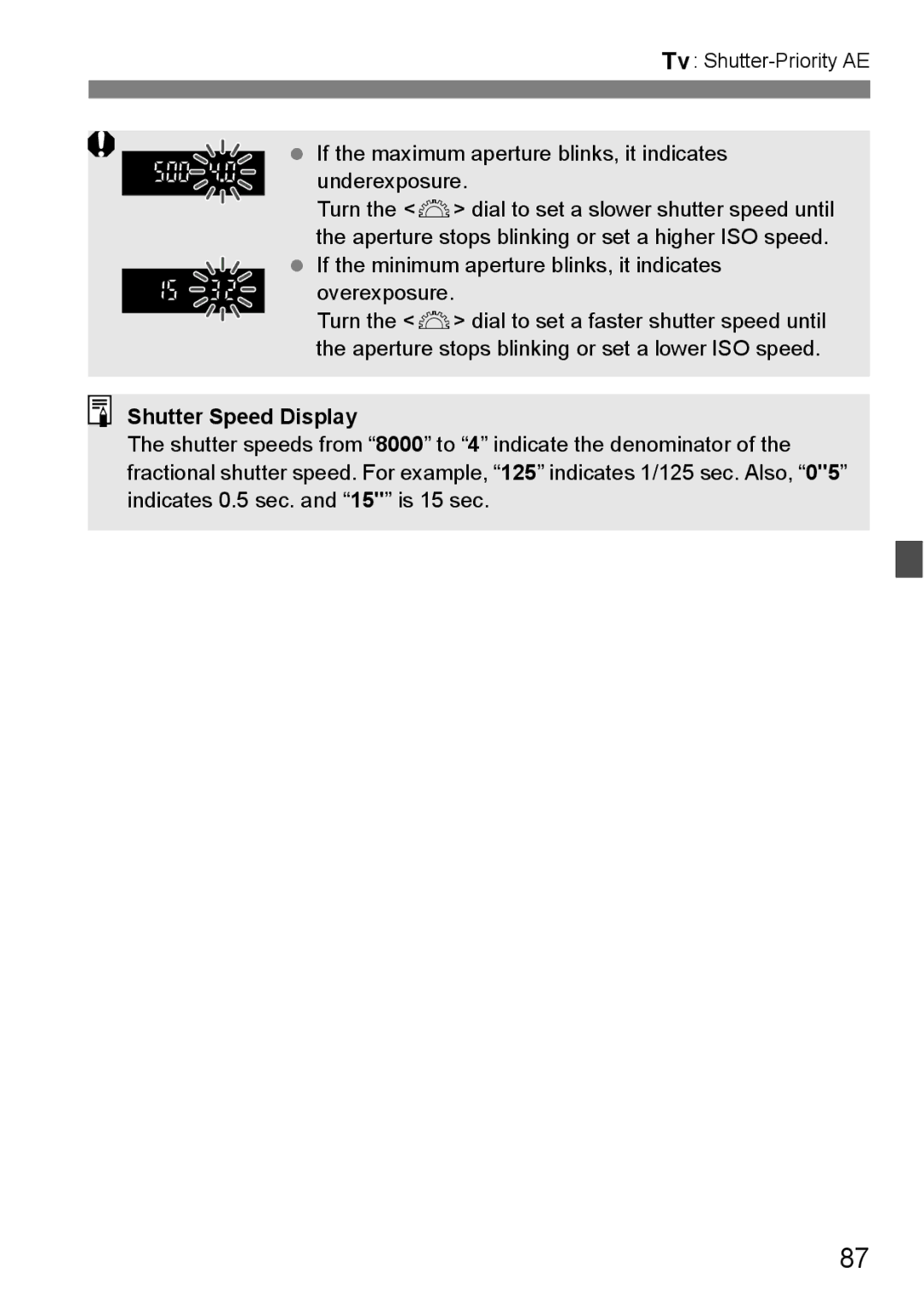 Canon EOS40D instruction manual Shutter Speed Display 