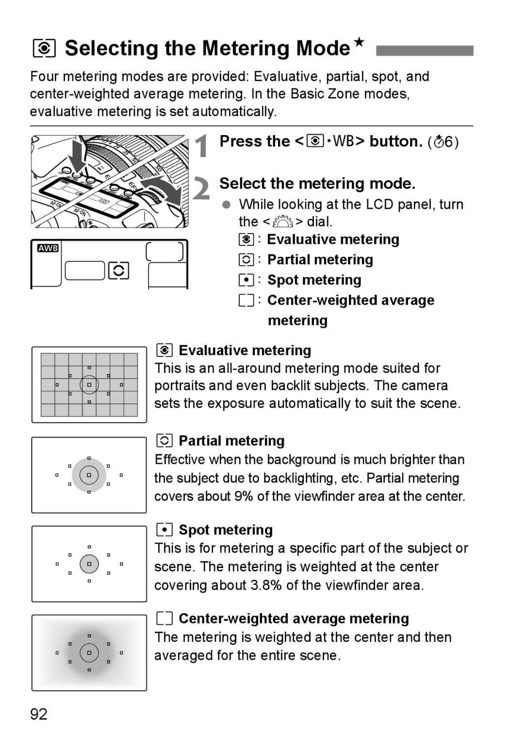 Canon EOS40D QSelecting the Metering ModeN, Press the n button Select the metering mode, WPartial metering, RSpot metering 