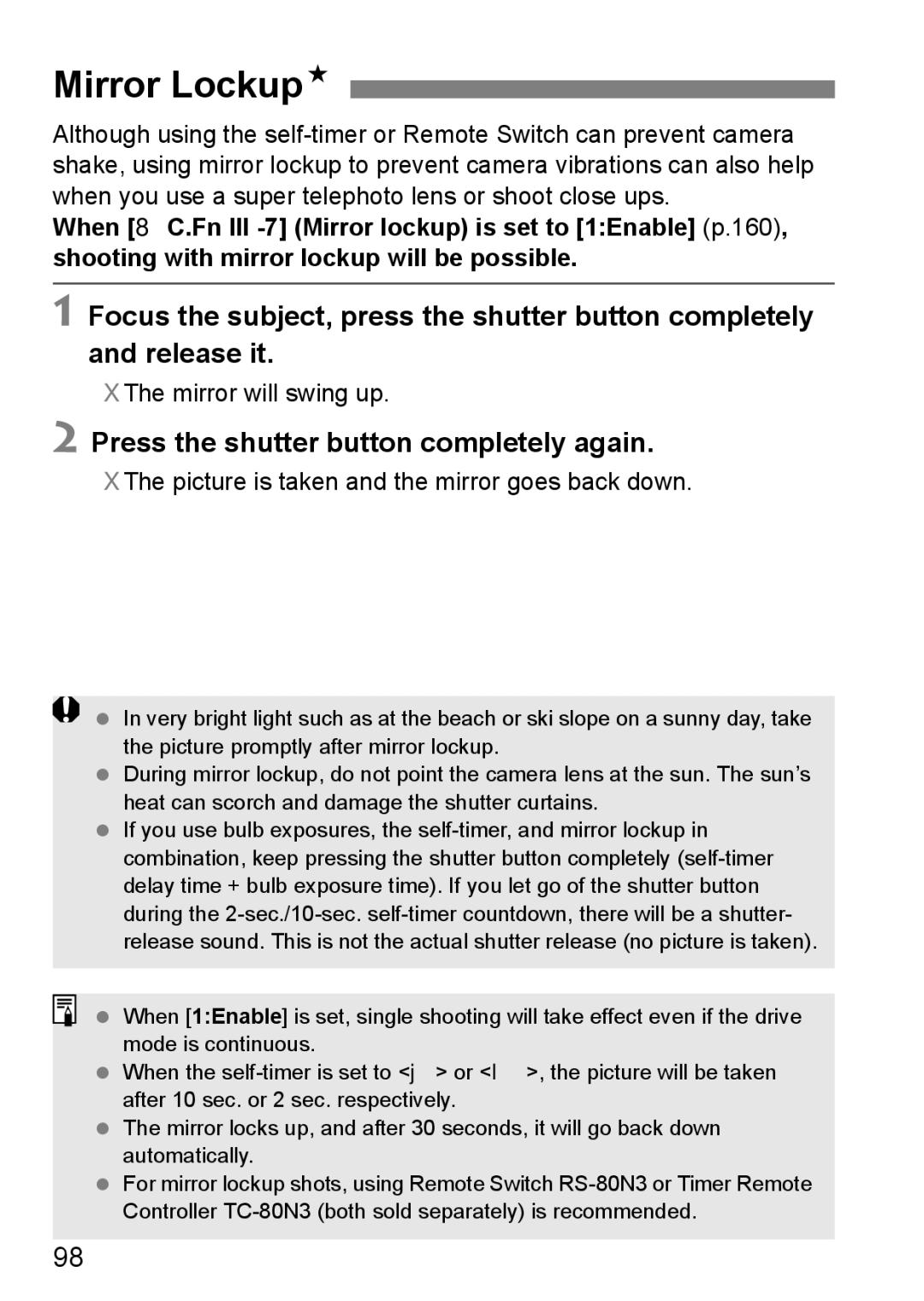 Canon EOS40D instruction manual Mirror LockupN, Press the shutter button completely again, Mirror will swing up 