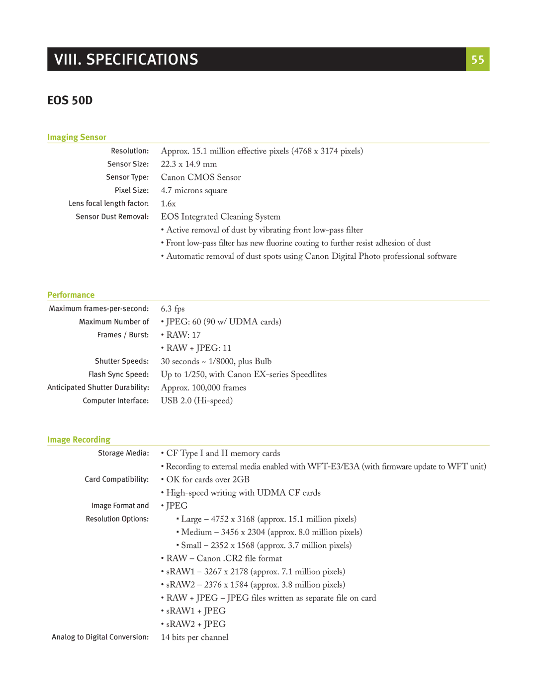 Canon eos5d manual Imaging Sensor, Performance, Image Recording 