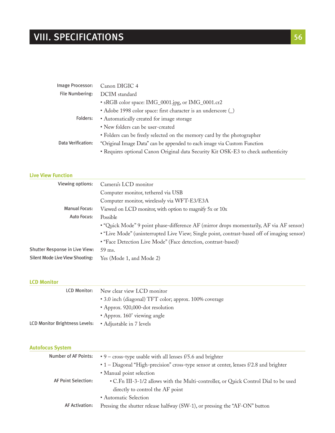 Canon eos5d manual Live View Function, LCD Monitor, Autofocus System 