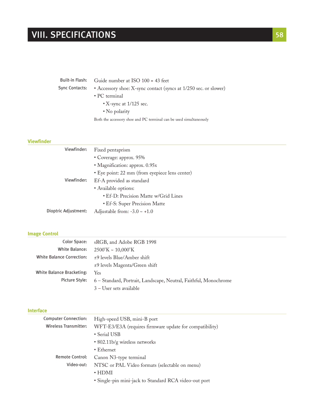 Canon eos5d manual Viewfinder, Image Control, Interface 