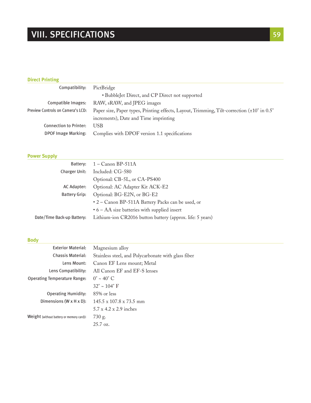 Canon eos5d manual Direct Printing, Power Supply, Body 