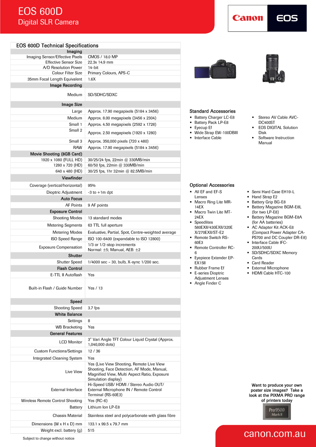 Canon EOS600D manual EOS 600D Technical Specifications, Standard Accessories, Optional Accessories 