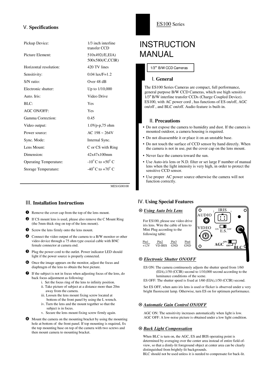 Canon ES100 instruction manual Specifications, General, II. Precautions, III. Installation Instructions 