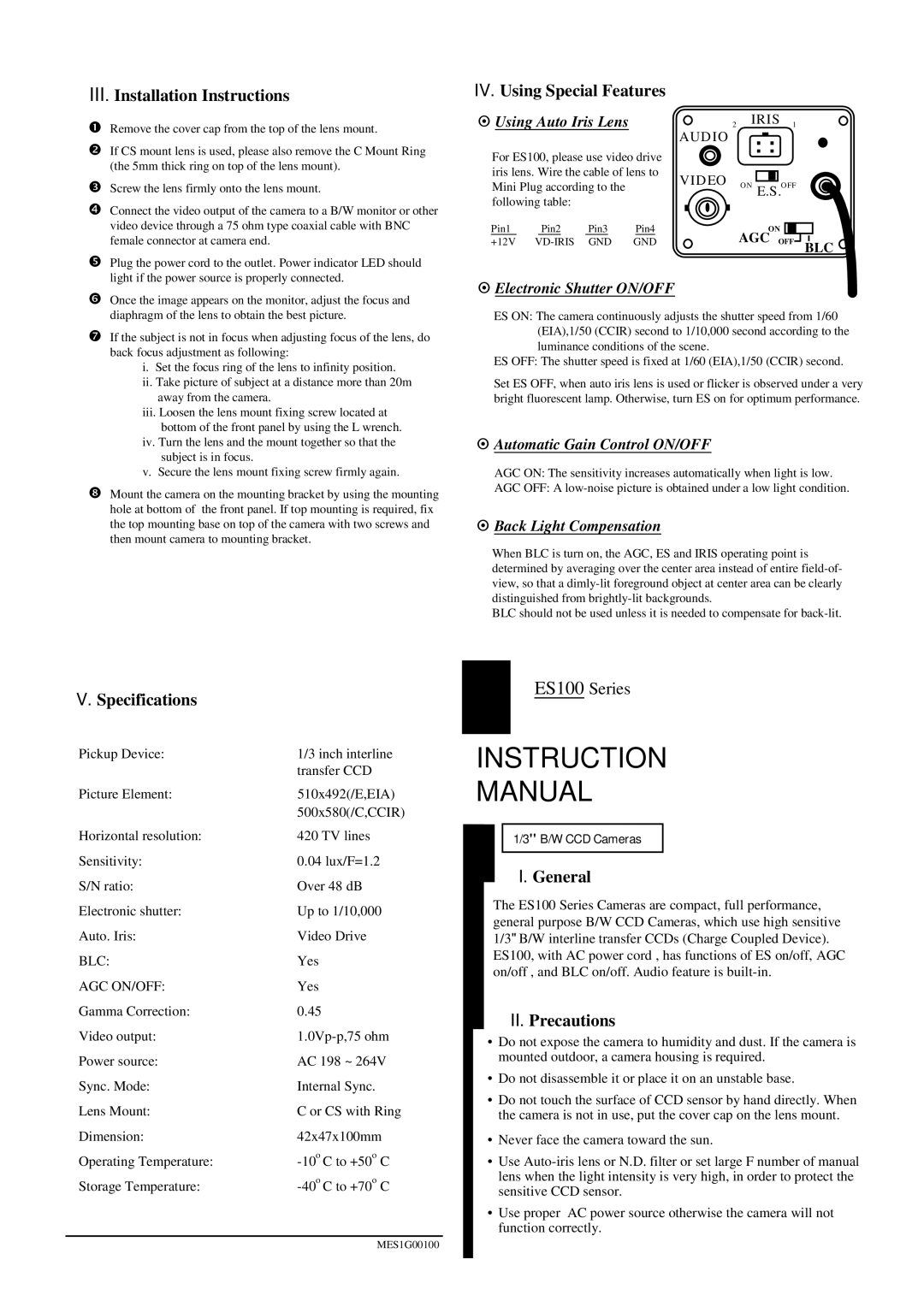 Canon ES100 instruction manual Instruction Manual 