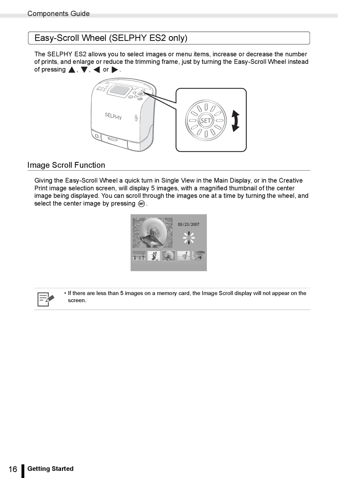 Canon ES20 manual Easy-Scroll Wheel Selphy ES2 only, Image Scroll Function 