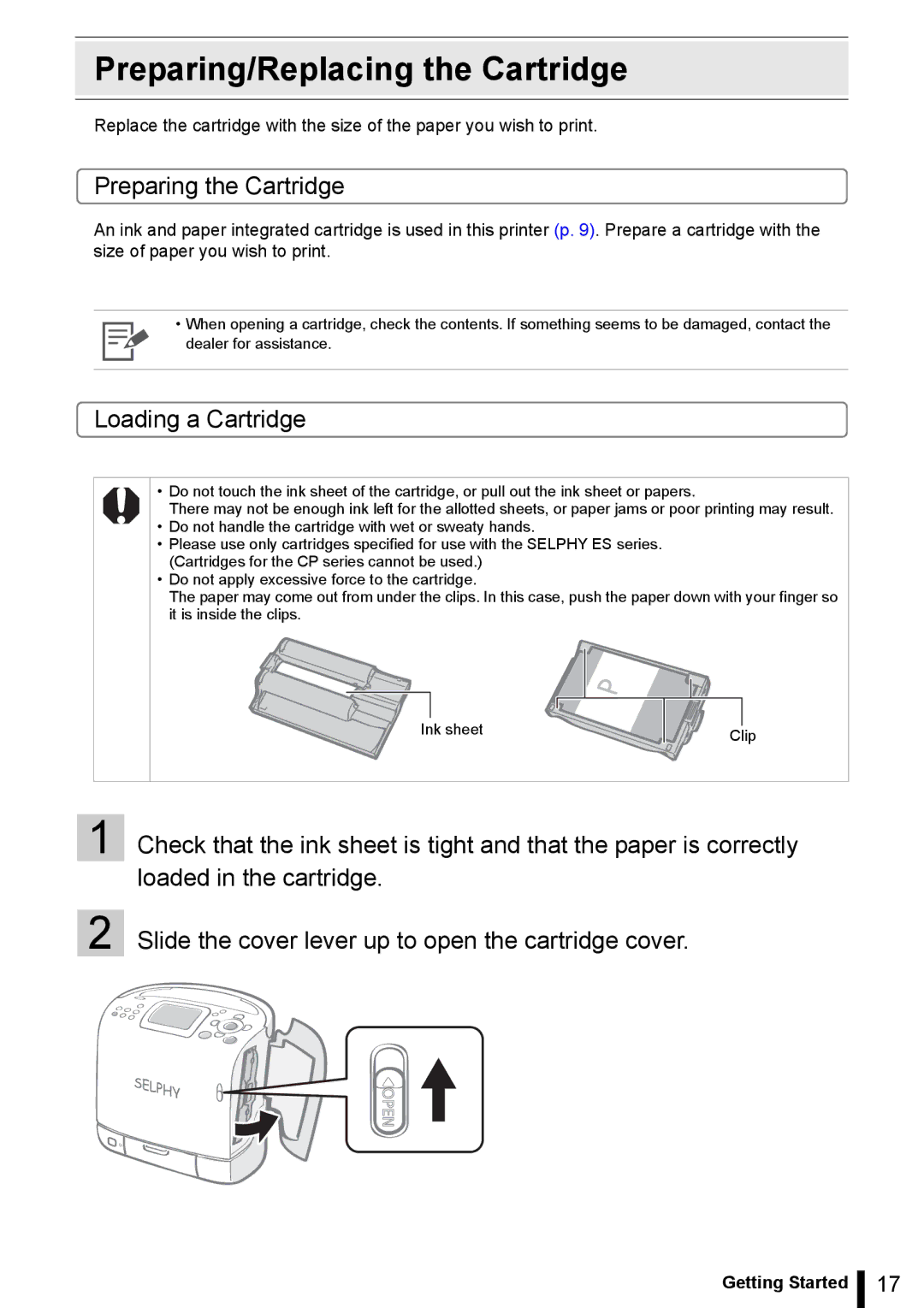 Canon ES20 manual Preparing/Replacing the Cartridge, Preparing the Cartridge, Loading a Cartridge 