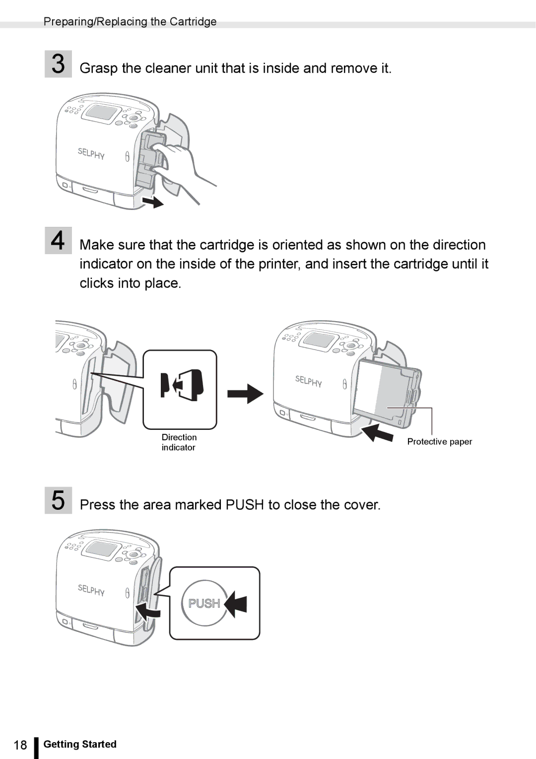 Canon ES20 manual Press the area marked Push to close the cover, Preparing/Replacing the Cartridge 