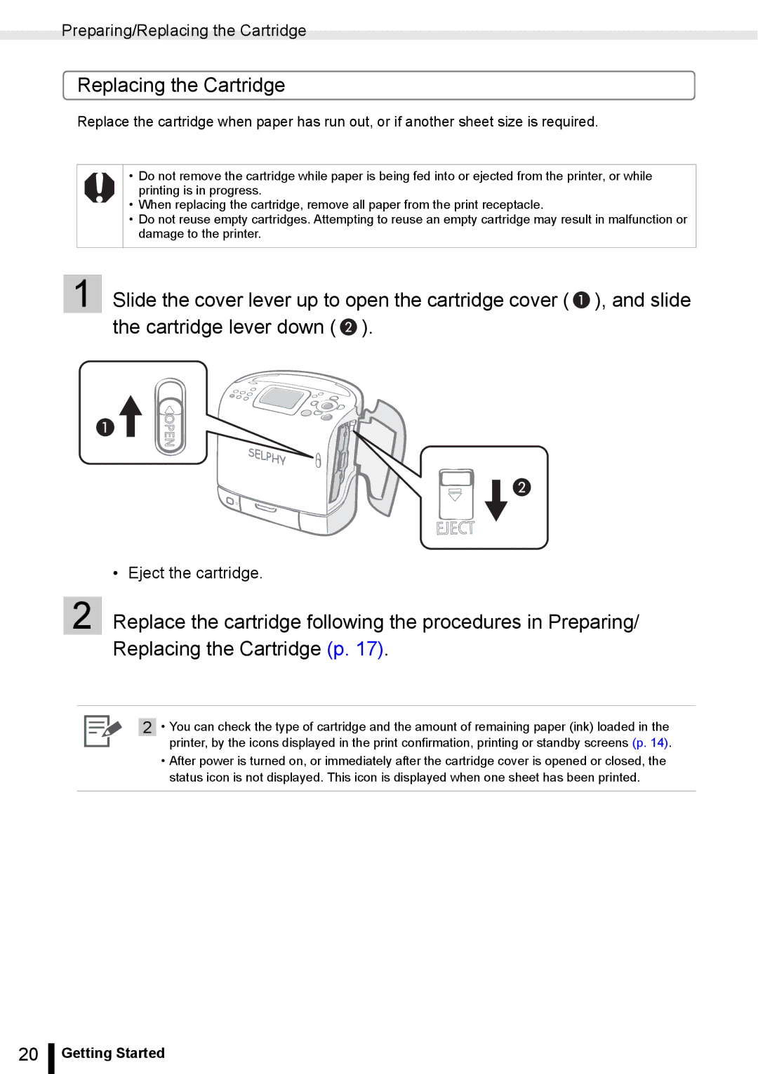 Canon ES20 manual Replacing the Cartridge, Eject the cartridge 