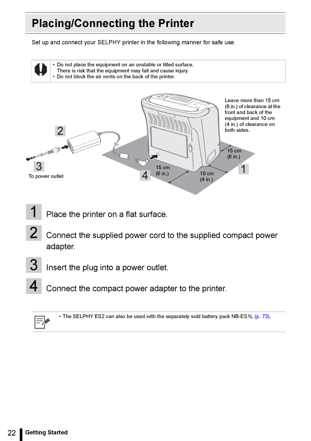 Canon ES20 manual Placing/Connecting the Printer 