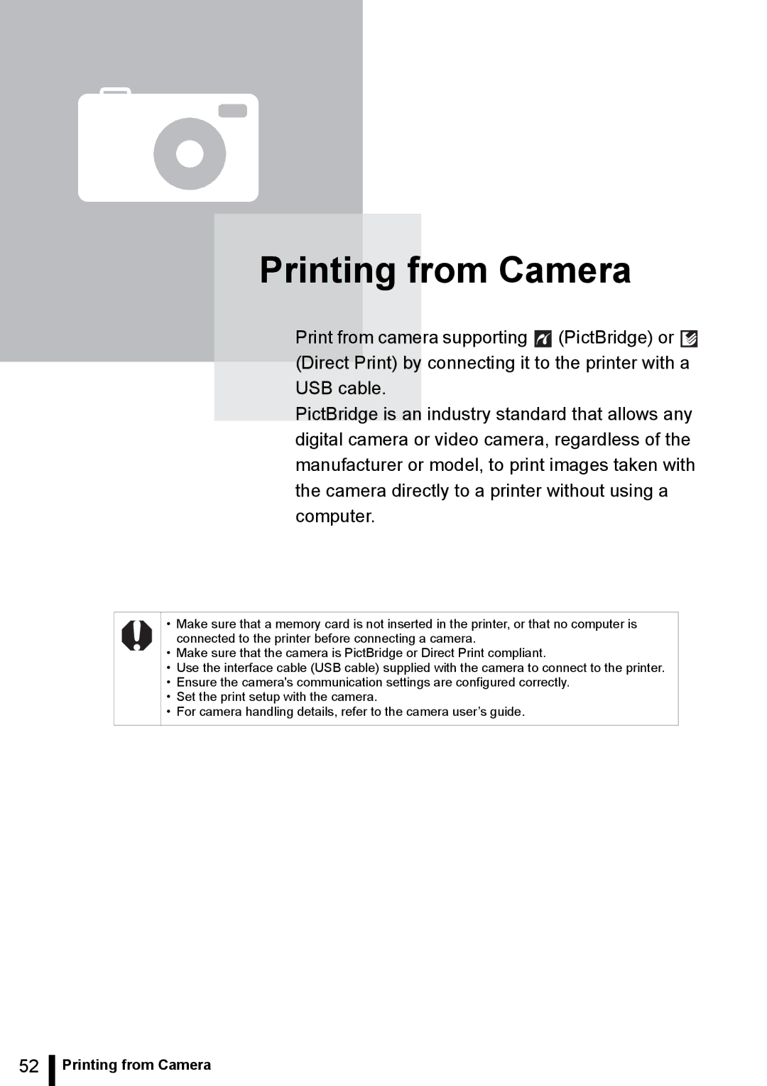 Canon ES20 manual Printing from Camera 