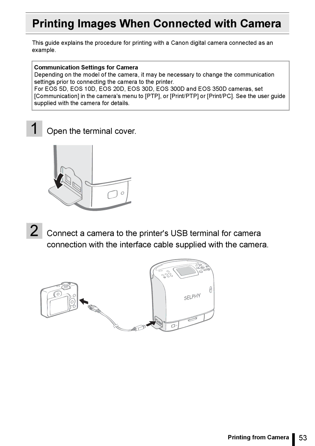 Canon ES20 manual Printing Images When Connected with Camera, Communication Settings for Camera 