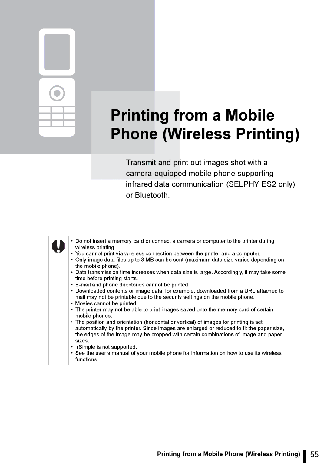 Canon ES20 manual Printing from a Mobile Phone Wireless Printing 