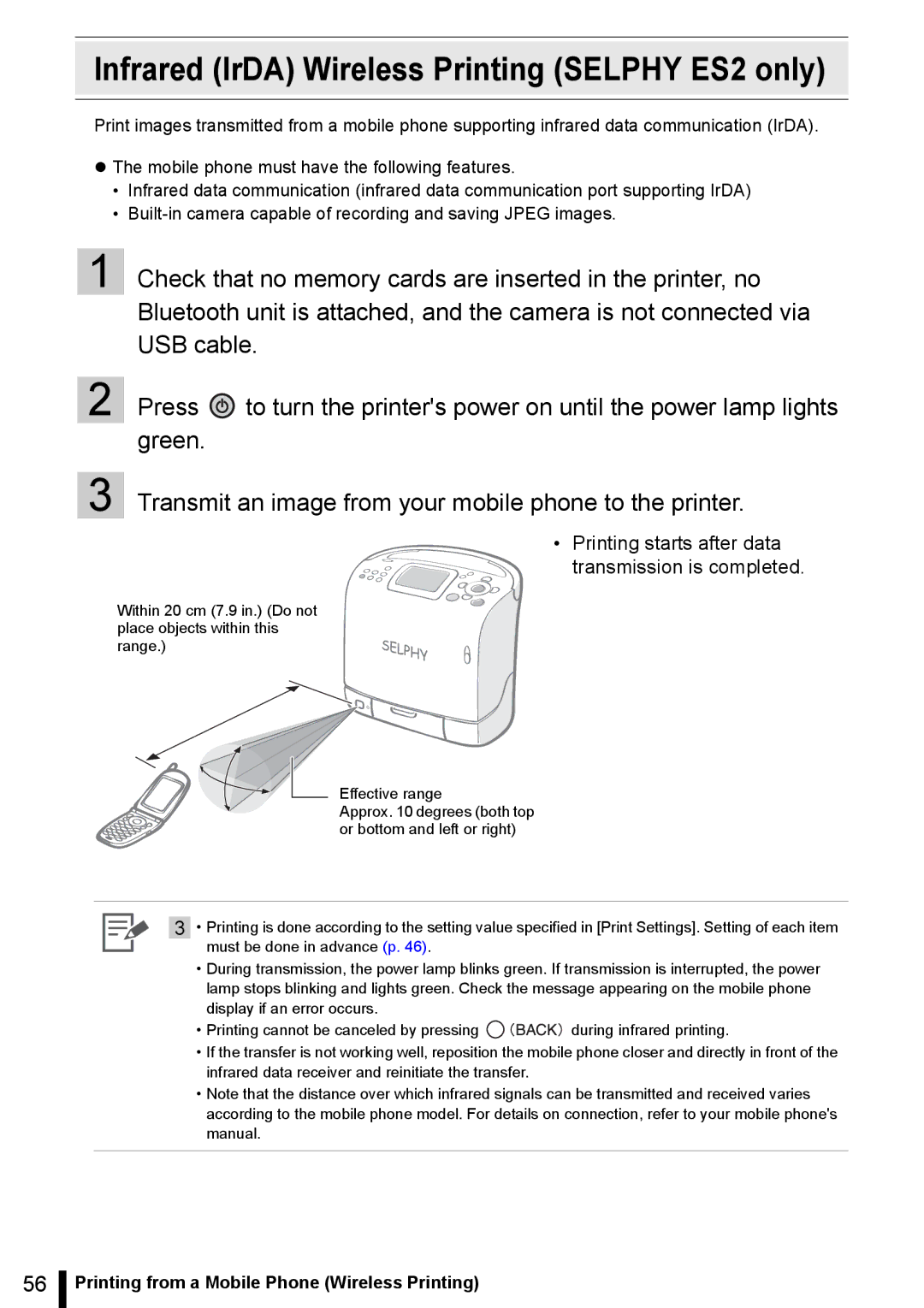 Canon ES20 manual Infrared IrDA Wireless Printing Selphy ES2 only, Printing from a Mobile Phone Wireless Printing 