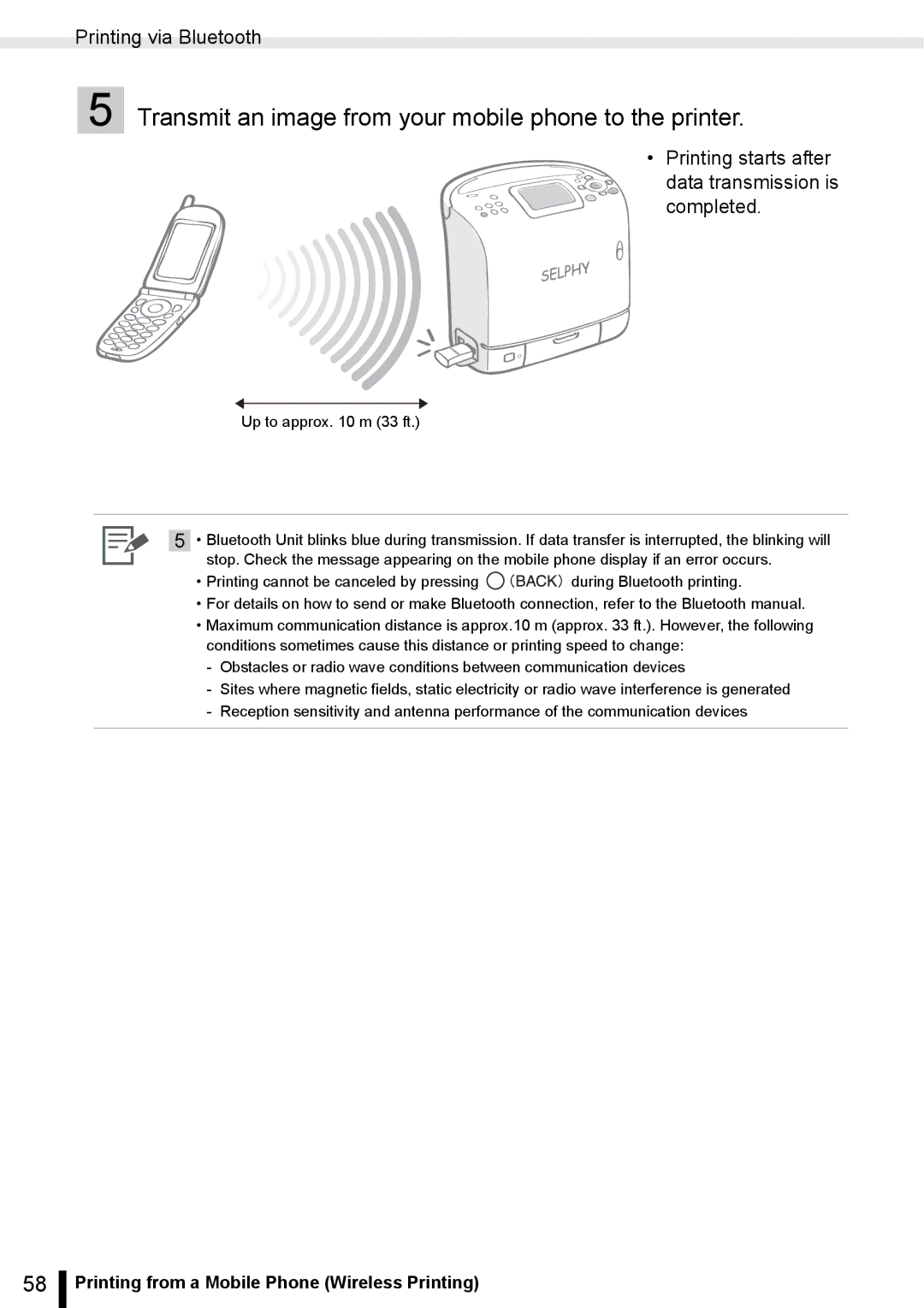 Canon ES20 manual Printing via Bluetooth, Printing starts after data transmission is completed 