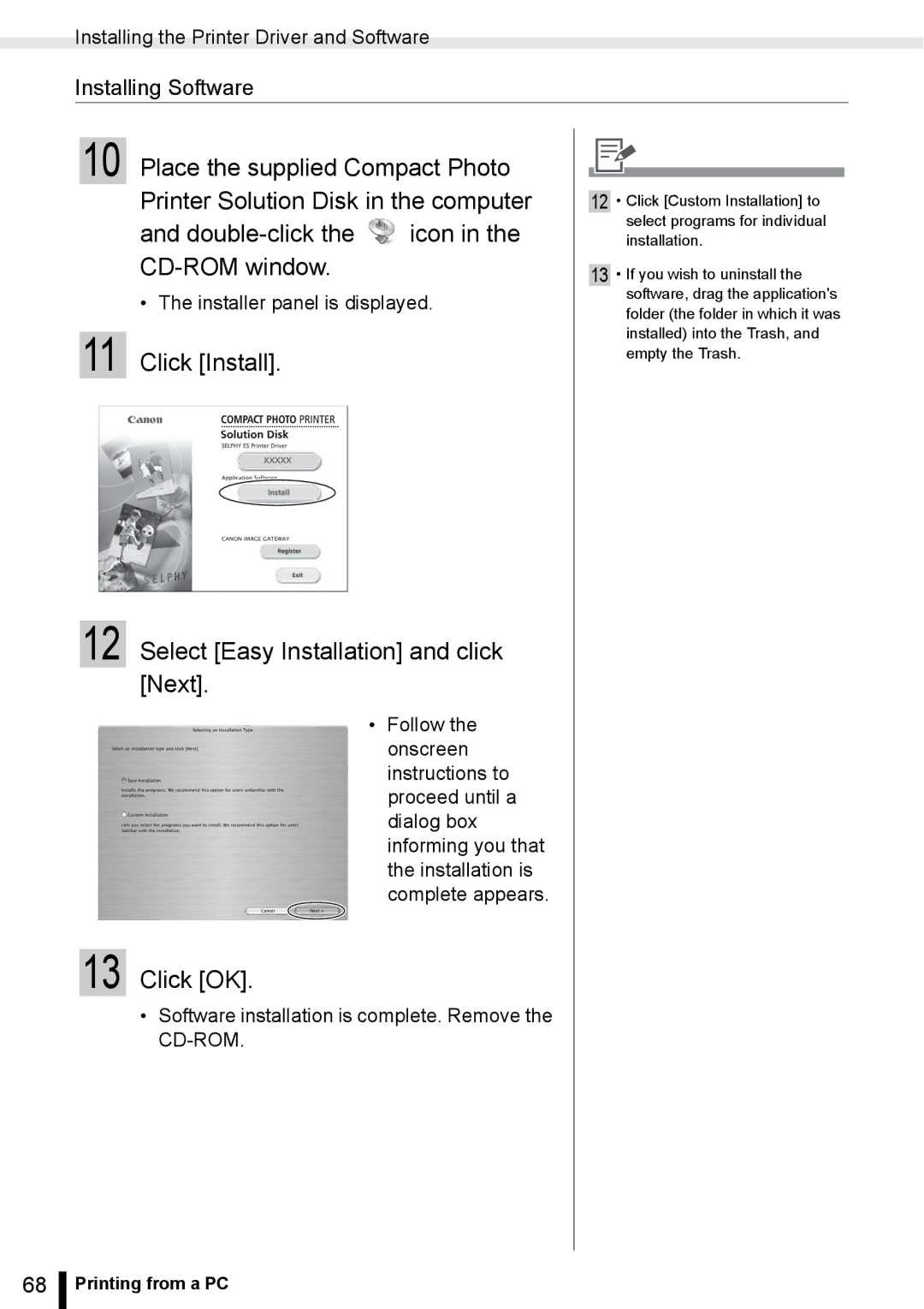 Canon ES20 manual Click Install Select Easy Installation and click Next, Click OK, Installing Software 