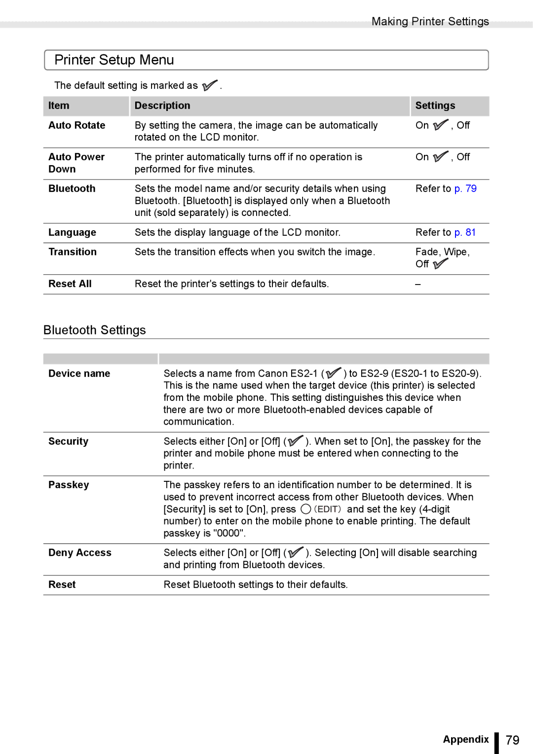 Canon ES20 manual Printer Setup Menu, Bluetooth Settings, Making Printer Settings 