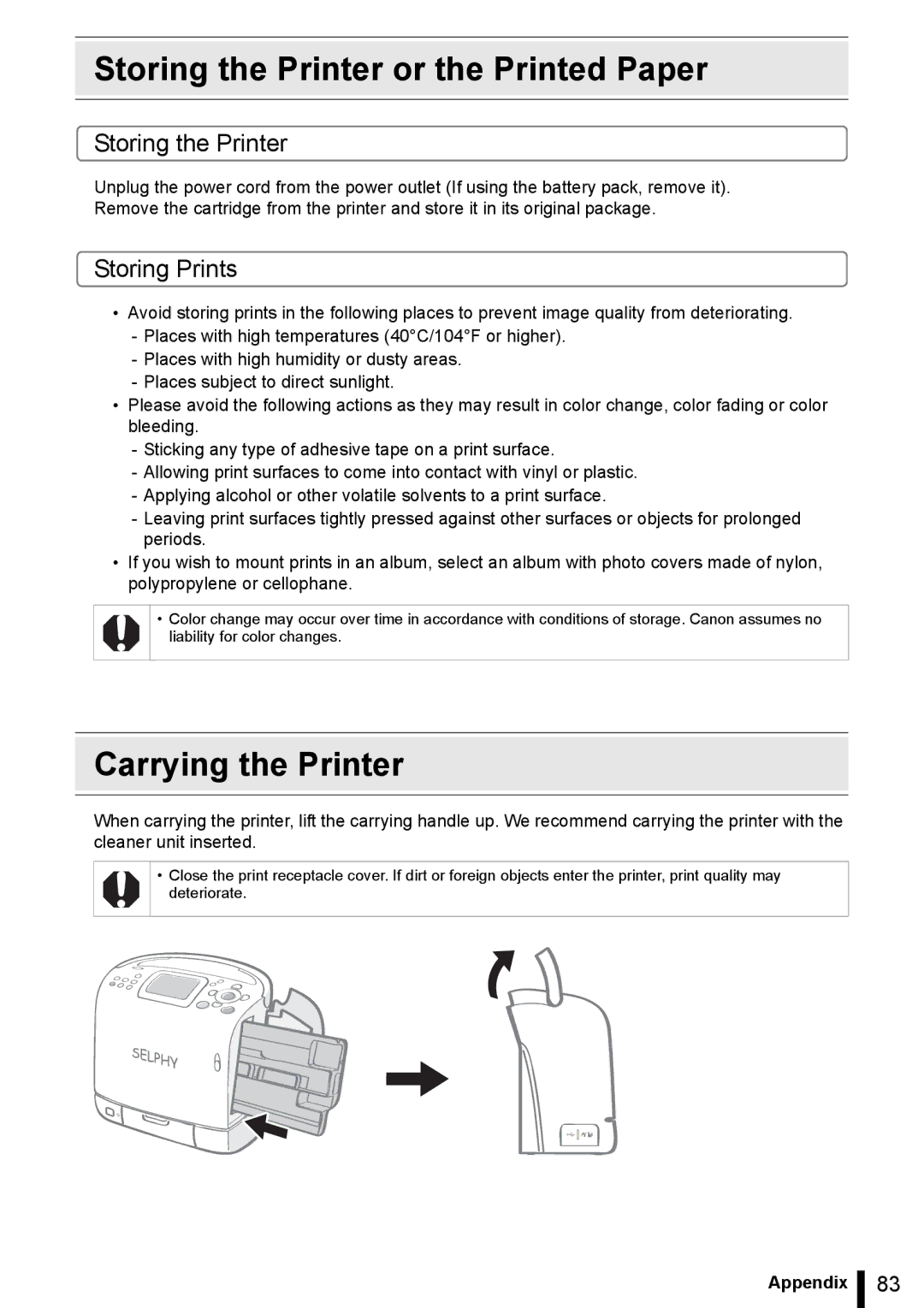 Canon ES20 manual Storing the Printer or the Printed Paper, Carrying the Printer, Storing Prints 