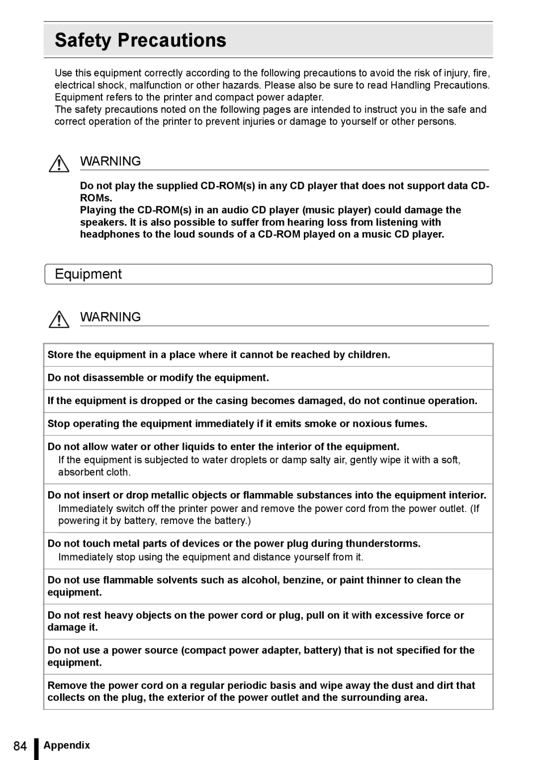 Canon ES20 manual Safety Precautions, Equipment 