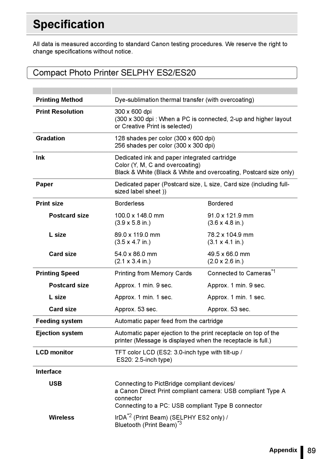 Canon manual Specification, Compact Photo Printer Selphy ES2/ES20 