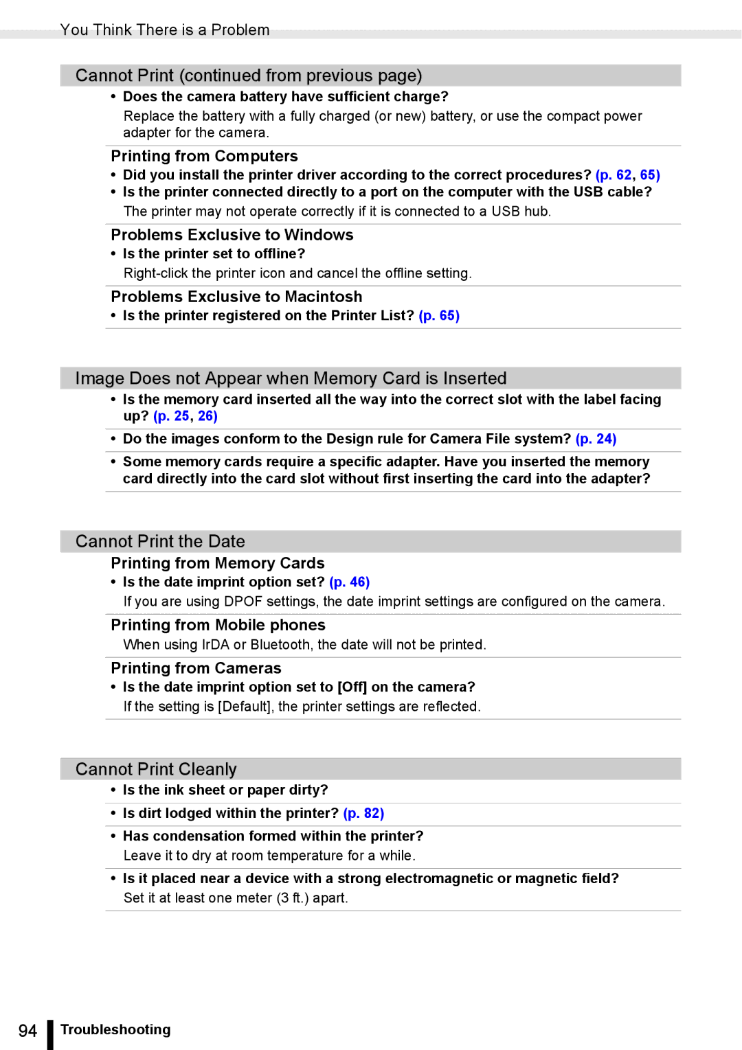 Canon ES20 manual Cannot Print from previous, Image Does not Appear when Memory Card is Inserted, Cannot Print the Date 