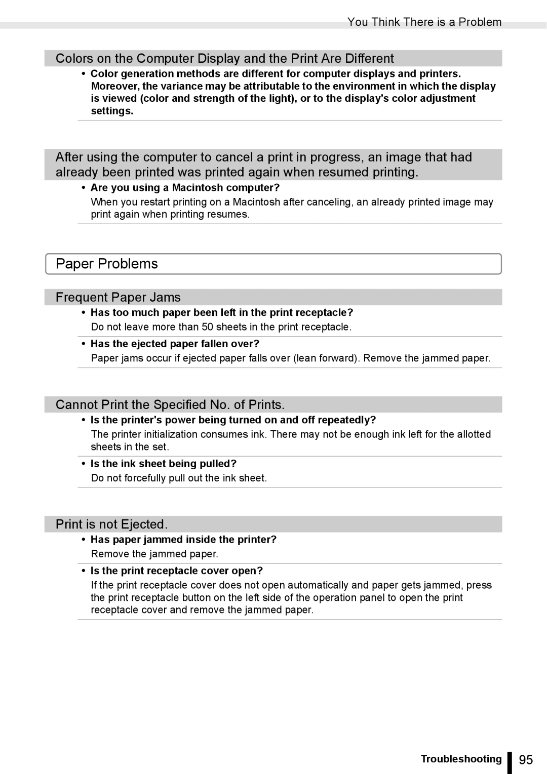 Canon ES20 manual Paper Problems, Colors on the Computer Display and the Print Are Different, Frequent Paper Jams 