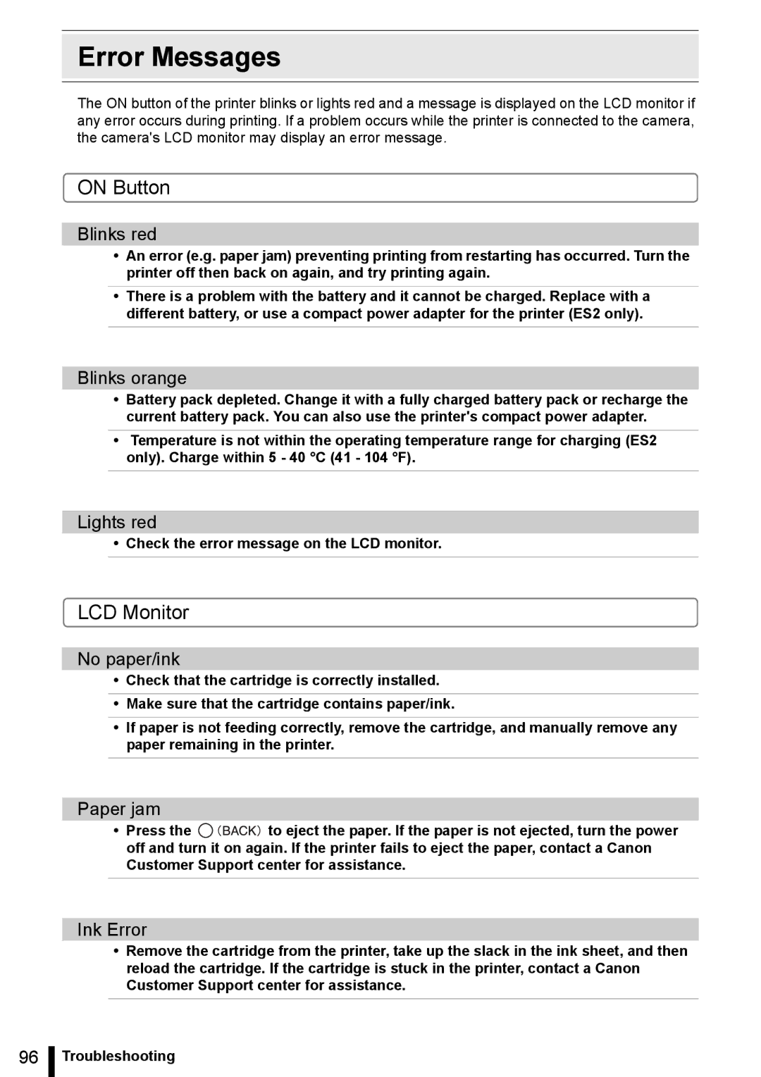 Canon ES20 manual Error Messages, On Button 