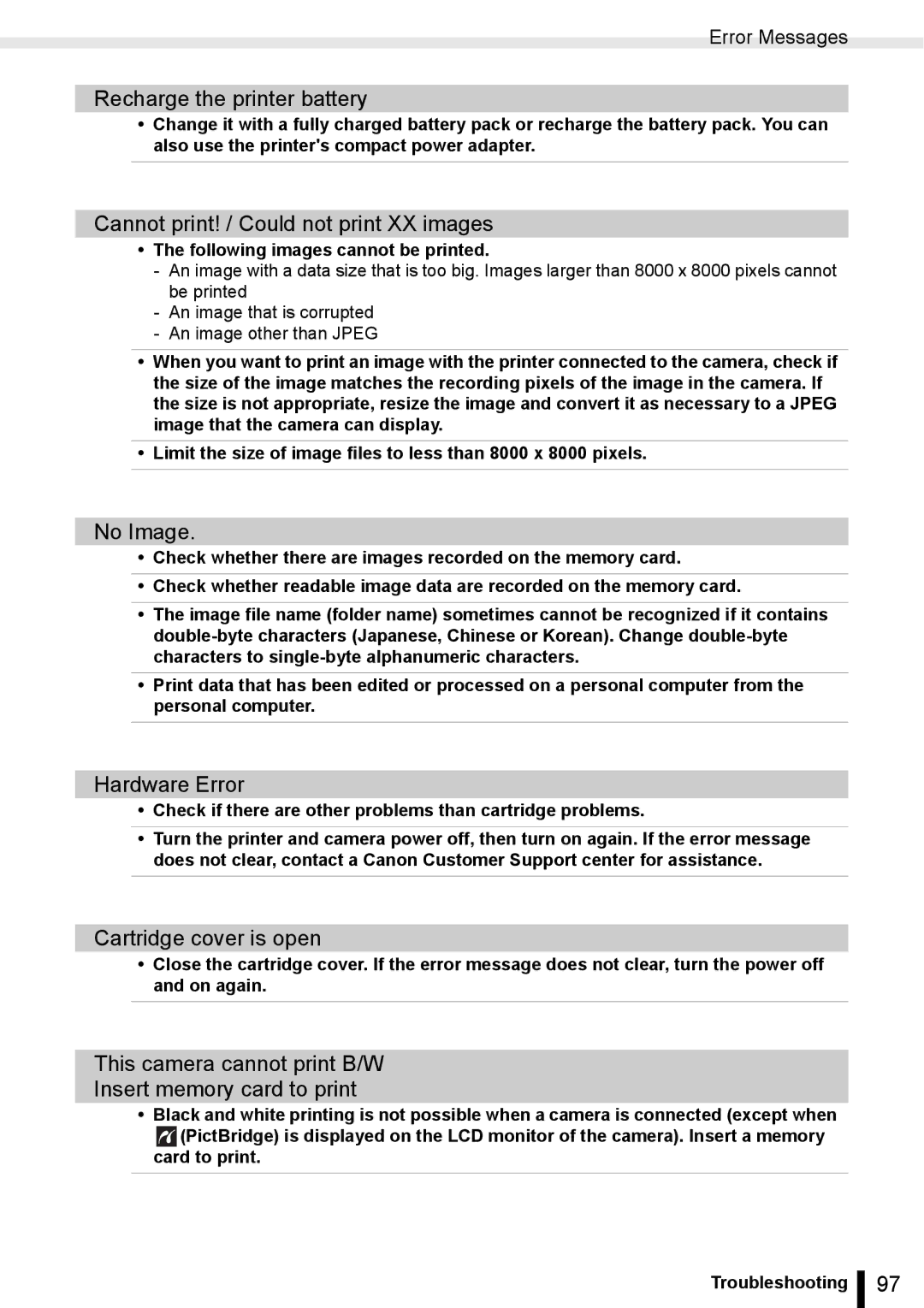 Canon ES20 manual Recharge the printer battery, Cannot print! / Could not print XX images, No Image, Hardware Error 