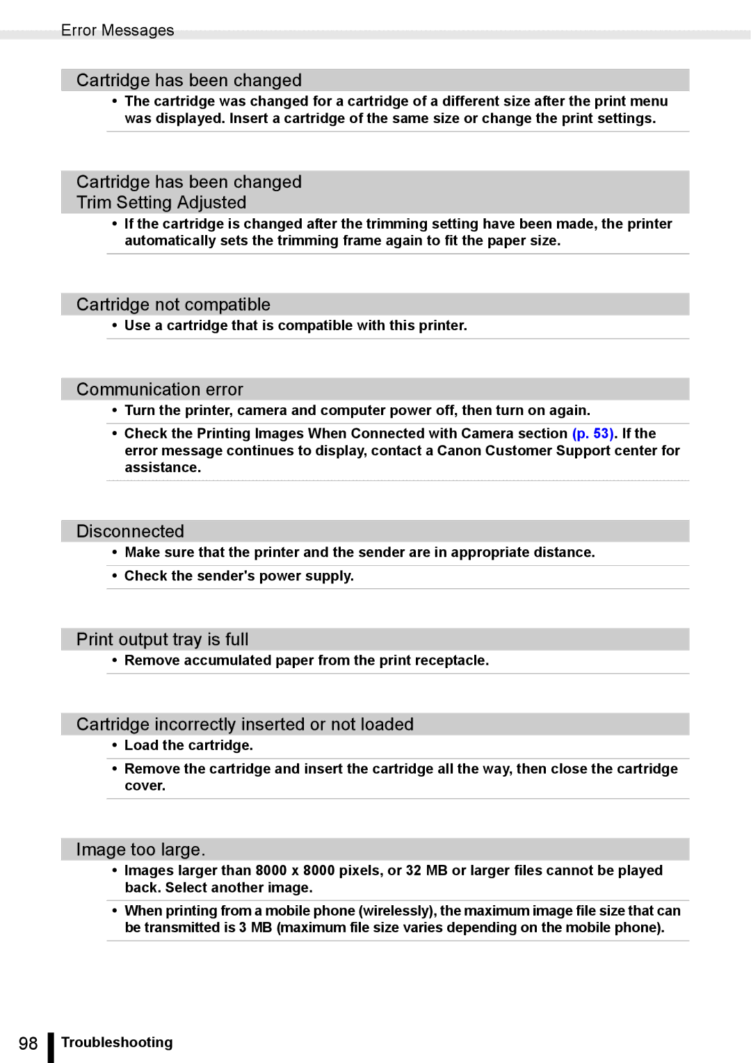 Canon ES20 manual Cartridge has been changed Trim Setting Adjusted, Cartridge not compatible, Communication error 