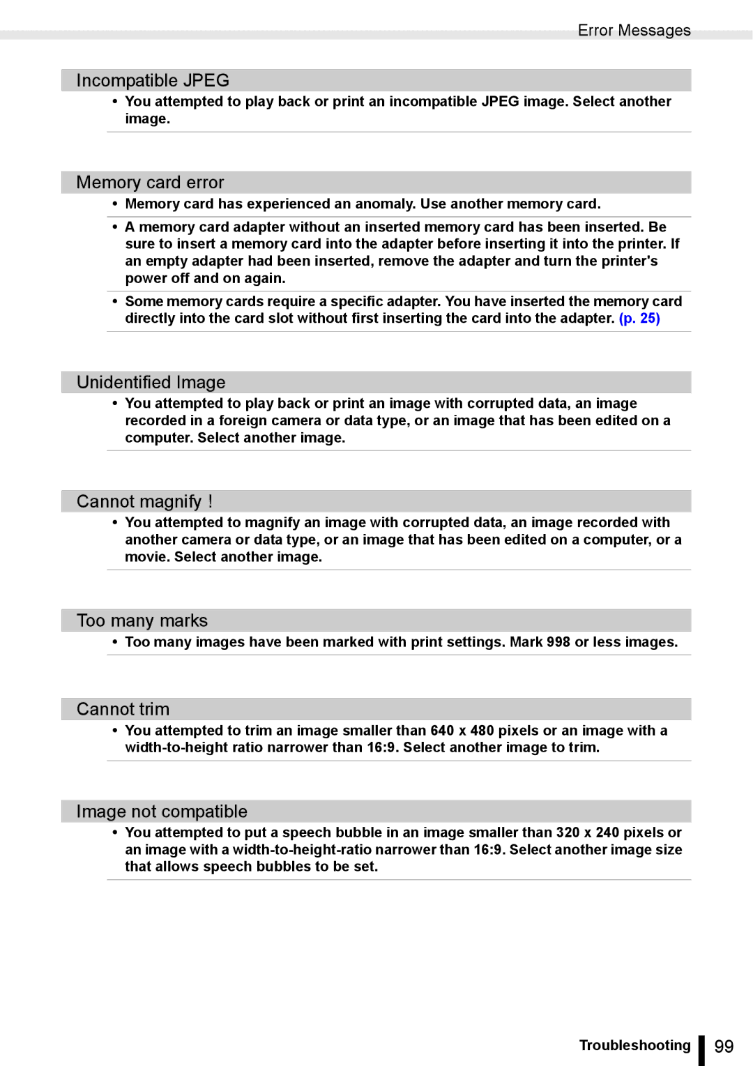 Canon ES20 manual Incompatible Jpeg, Memory card error, Unidentified Image, Cannot magnify, Too many marks, Cannot trim 