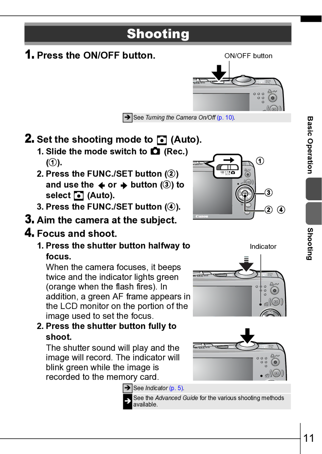 Canon ES75 manual Shooting, Press the ON/OFF button, Set the shooting mode to Auto, Focus and shoot 