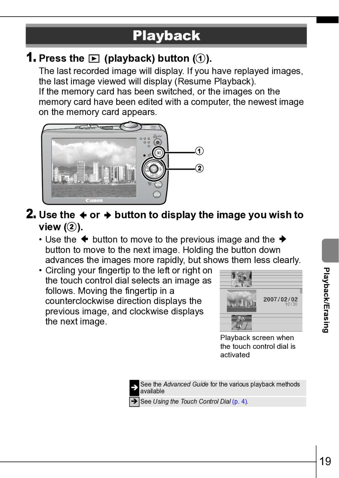 Canon ES75 manual Playback, Press the playback button a, Use the or button to display the image you wish to view b 