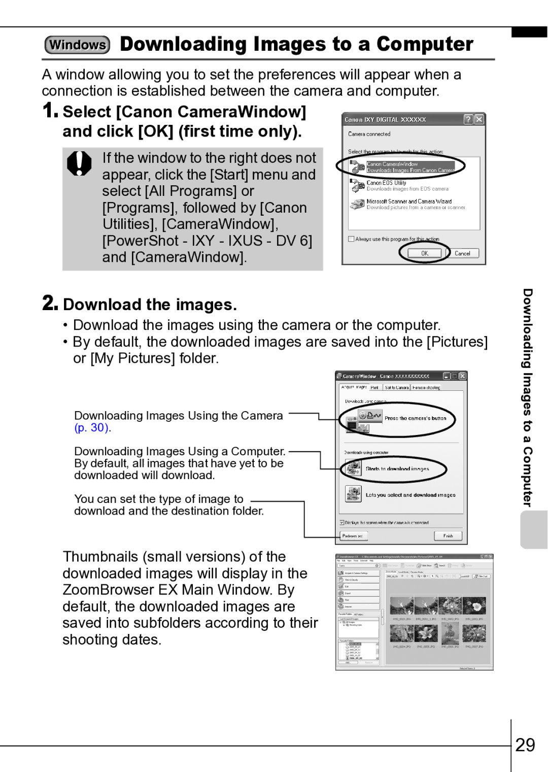 Canon ES75 Downloading Images to a Computer, Select Canon CameraWindow and click OK first time only, Download the images 